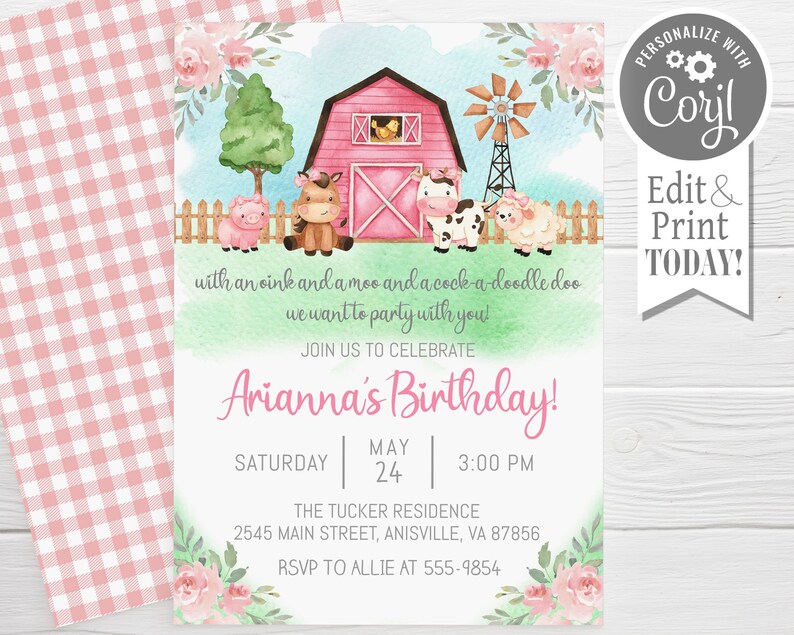 May include: A pink and green watercolor invitation with a red barn, farm animals, and flowers. The text reads "with an oink and a moo and a cock-a-doodle doo we want to party with you! Join us to celebrate Arianna's Birthday! Saturday May 24 3:00 PM The Tucker Residence 2545 Main Street, Anisville, VA 87856 RSVP to Allie at 555-9854"