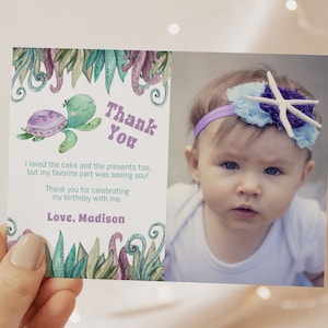 Purple Turtle Thank You Note Template 4.25 x 5.5  inches, Photo and Non-photo Thank You flat, editable #PTA1
