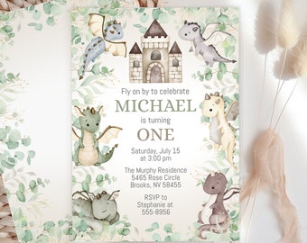 May include: A birthday invitation featuring watercolor illustrations of dragons, a castle, and foliage. The invitation reads "Fly on by to celebrate MICHAEL is turning ONE" with event details. The design includes shades of green, gray, and beige.