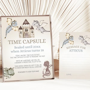 Dragon Time Capsule Set Vorlage, bearbeitbares Tischschild und Nachrichtenkarte, Instant Download, Memory Box mit niedlichen Drachen