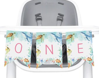 Pink Ocean Animals Highchair Banner, First Birthday (Instant Download)