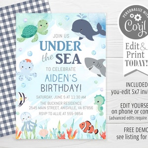 May include: A blue and green watercolor invitation with a seahorse, octopus, shark, whale, and turtle. The text reads "Join us under the sea to celebrate Aiden's birthday!" with the date, time, and location.  The invitation is a 5x7 printable.