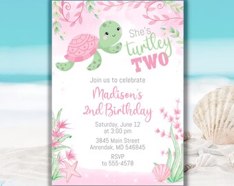 May include: A pink and green birthday invitation with a cartoon turtle and the text "She's turtley TWO". The invitation is for Madison's 2nd birthday and includes the date, time, and location of the party.