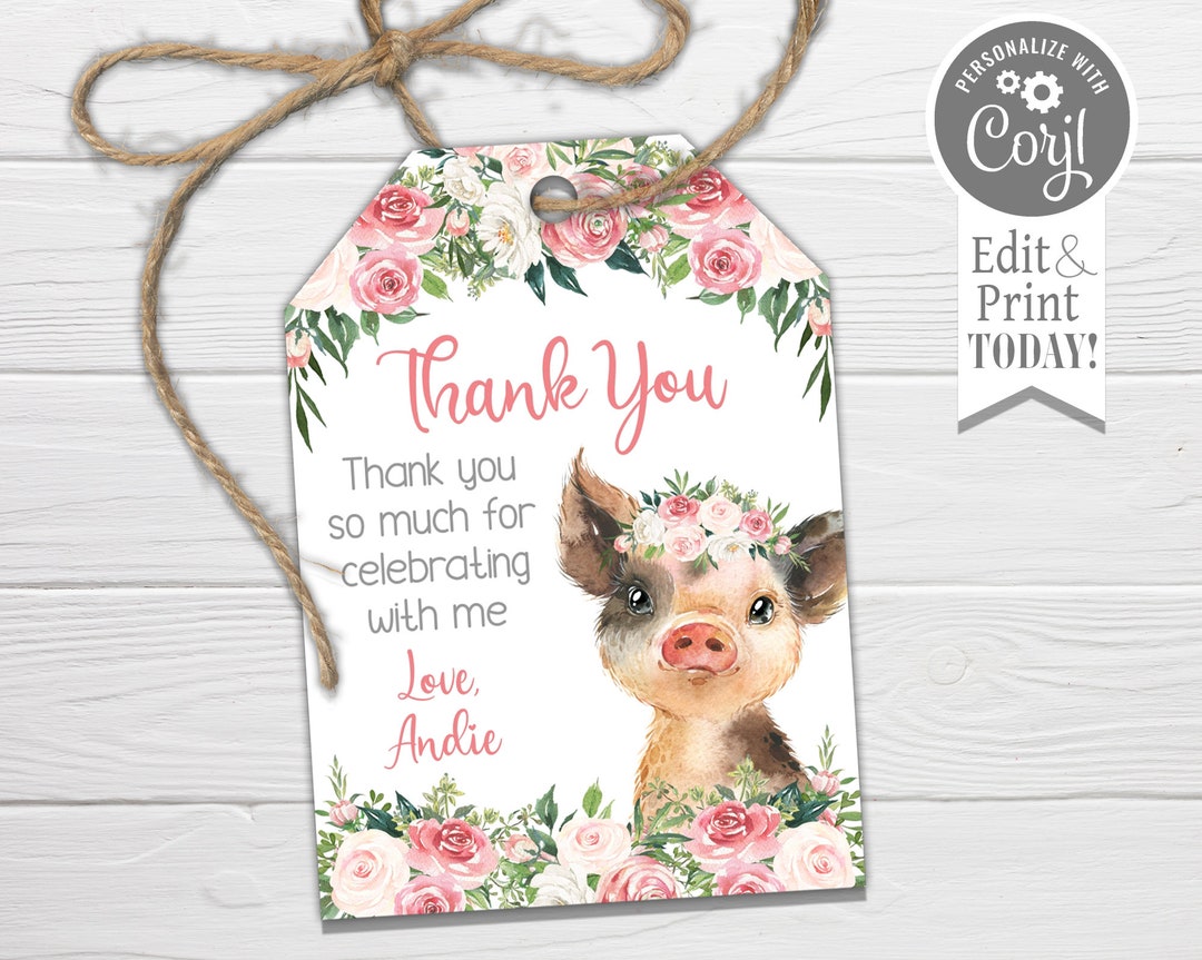 Pig Favor Tags: Pink Floral Piglet Thank You Tag (editable, Instant ...