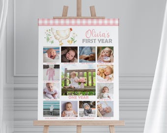 First Birthday Photo Poster Template – Chicken Gingham Milestone Display (Digital Download)