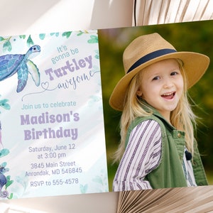 May include: A birthday invitation with a watercolor illustration of a sea turtle, a jellyfish, and a seahorse. The invitation is for Madison's birthday and includes the date, time, and location of the party. It's gonna be Turtley awesome.