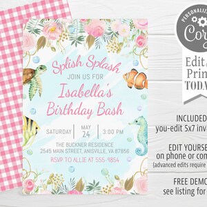 Ocean Animals Birthday Invitation, flowers, ocean animals, girl, editable, Splish Splash, birthday bash, edit with Corjl, instant download