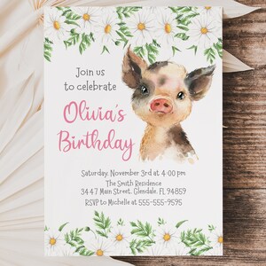 Pig Birthday Invitation Template, Editable, Piglet with Daisy Flowers invitation for girl with flowers and pink text, instant download image 3