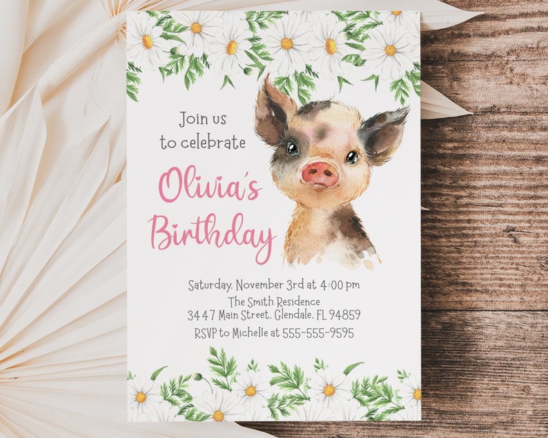 Pig Birthday Invitation Template, Editable, Piglet with Daisy Flowers invitation for girl with flowers and pink text, instant download image 3