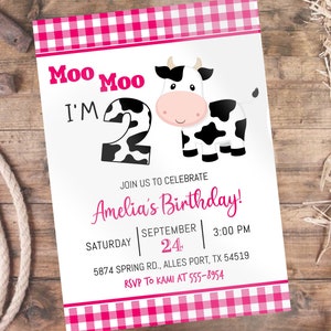 Cow Birthday Invitation reads &quot;Moo Moo I&#39;m Two&quot; editable Birthday invitation with pink gingham, instant download