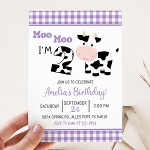 Cow Birthday Invitation reads &quot;Moo Moo I&#39;m Two&quot; editable Birthday invitation with purple gingham, instant download