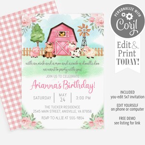 May include: A pink and green printable invitation for a farm-themed birthday party. The invitation features a red barn, a windmill, a pig, a cow, a sheep, and a rooster. The text on the invitation reads "Arianna's Birthday!" and includes the date, time, and location of the party.