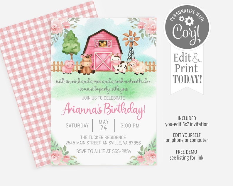 May include: A pink and green printable invitation for a farm-themed birthday party. The invitation features a red barn, a windmill, a pig, a cow, a sheep, and a rooster. The text on the invitation reads "Arianna's Birthday!" and includes the date, time, and location of the party.