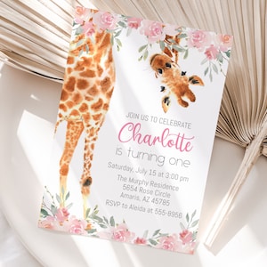 Giraffe Geburtstagseinladung, Giraffe mit rosa Blumen, bearbeiten mit Corjl, sofortiger Download GO01