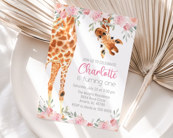 Giraffe Birthday Invitation, Editable, Giraffe with pink flowers, edit with Corjl, instant download Il_570xn