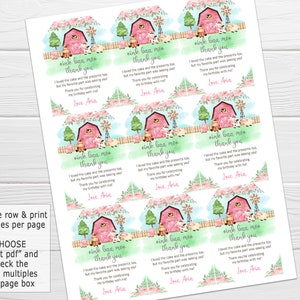 May include: A set of nine pink and green thank you tags with a watercolor illustration of a red barn, cows, and a windmill. The text on the tags reads "oink baa moo thank you" and "I loved the cake and the presents too, but my favorite part was seeing you. Thank you for celebrating my birthday with me! Love, Aria."