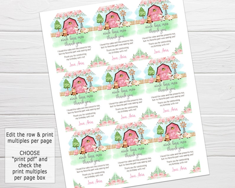 May include: A set of nine pink and green thank you tags with a watercolor illustration of a red barn, cows, and a windmill. The text on the tags reads "oink baa moo thank you" and "I loved the cake and the presents too, but my favorite part was seeing you. Thank you for celebrating my birthday with me! Love, Aria."