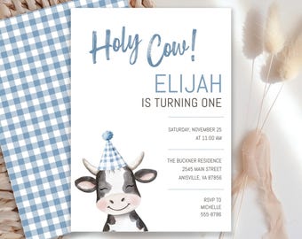 Cow First Birthday Invitation: Blue Holy Cow Invite (Digital Download)