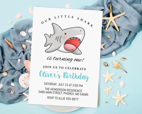 Shark Invitation, shark birthday, boy, cute shark, turning one editable, ocean animal invitation, edit with Corjl, instant download Il_570xn
