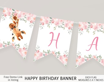 Giraffe Birthday Banner, Pink Floral, Editable Template (Instant Download)