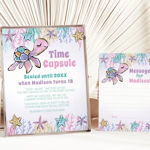 Turtle Time Capsule Set Template, Editable Table Sign and Message Card, Instant Download, Memory box #SPT1