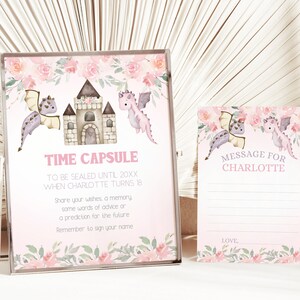 Drachen Time Capsule Set Vorlage, rosa Blumen Mädchen Tischschild und Nachrichtenkarte, Instant Download, Memory Box, niedliche Drachen Party Aktivität