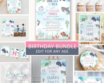 Ocean Animals Birthday Sibling Party Bundle – Editable Templates (Digital Download)