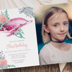 Pink Dolphin Birthday Photo Invitation Template, editable, Under the Sea invitation, dolphin with sea shells,  instant download