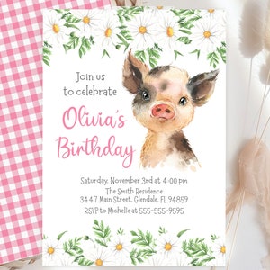 Pig Birthday Invitation Template, Editable, Piglet with Daisy Flowers invitation for girl with flowers and pink text, instant download image 1