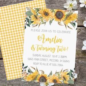 Sunflower Birthday Invitation, Editable Birthday Invitation with Sunflowers Flowers, girl sunflower, yellow gingham, Instant Download