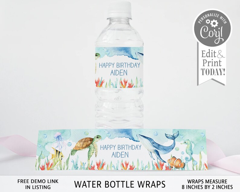 May include: Water bottle labels with a watercolor design featuring a whale, turtle, seahorse, and jellyfish. The labels say "Happy Birthday Aiden". The labels are 8 inches by 2 inches.