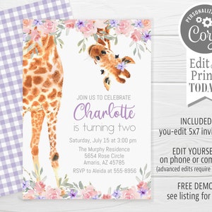 May include: A printable invitation for a child's second birthday party. The invitation features a watercolor illustration of a giraffe with pink and purple flowers. The text on the invitation reads "Join us to celebrate Charlotte is turning two".
