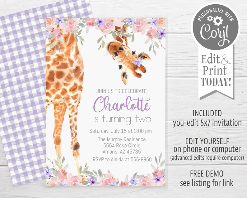 May include: A printable invitation for a child's second birthday party. The invitation features a watercolor illustration of a giraffe with pink and purple flowers. The text on the invitation reads "Join us to celebrate Charlotte is turning two".