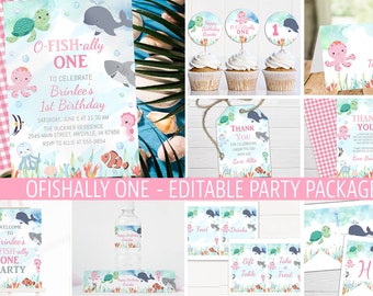 May include: A printable party package with an under the sea theme. The package includes invitations, thank you cards, cupcake toppers, water bottle labels, and food and drink signs. The design features a watercolor background with sea creatures like an octopus, a whale, a seahorse, and a turtle.