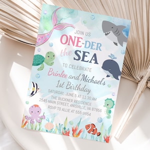 Oneder the Sea Mermaid Shark Birthday Invitation, editable, First Birthday girl and boy ocean, edit with Corjl, instant download