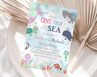 Mermaid Shark Dual 1st Birthday Invitation, Under the Sea Theme (Digital Download)