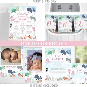 Pacote de decoração Cute Ocean One, primeiro aniversário, pôster de marco, um banner, banner de foto, conjunto de cápsula do tempo, sob o mar CB1