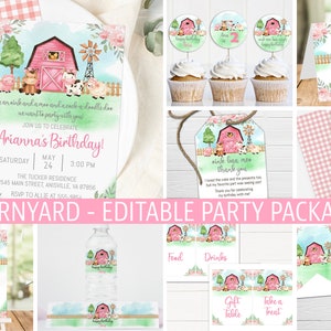 May include: Editable party package with a pink and green barn theme. Includes invitations, thank you tags, cupcake toppers, water bottle labels, welcome sign, food and drink signs, and a banner. The text says "Barn Yard - Editable Party Package".