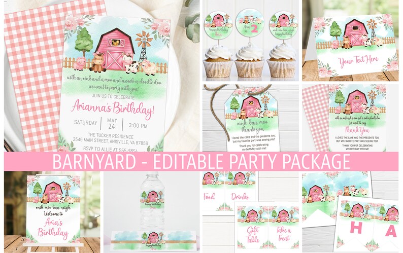May include: Editable party package with a pink and green barn theme. Includes invitations, thank you tags, cupcake toppers, water bottle labels, welcome sign, food and drink signs, and a banner. The text says "Barn Yard - Editable Party Package".
