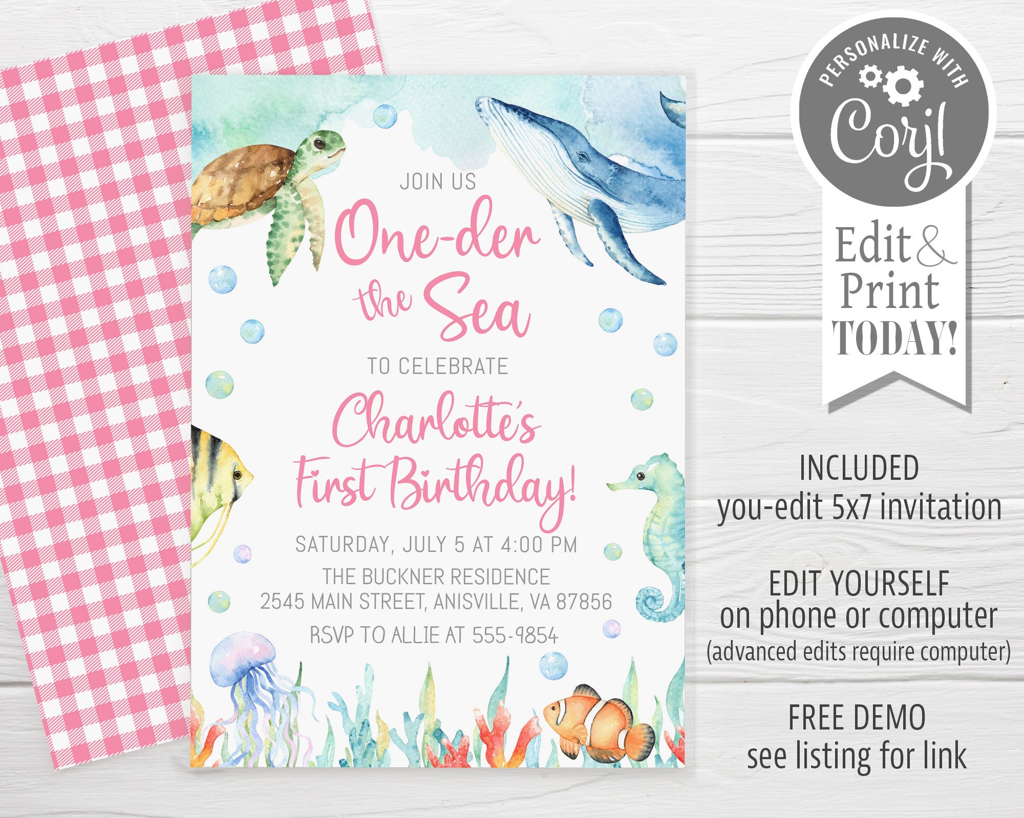 Ocean Birthday Invitation, Editable, One-der the Sea First Birthday Ocean  Animals, Girl, Pink, Edit With Corjl, Instant Download 
