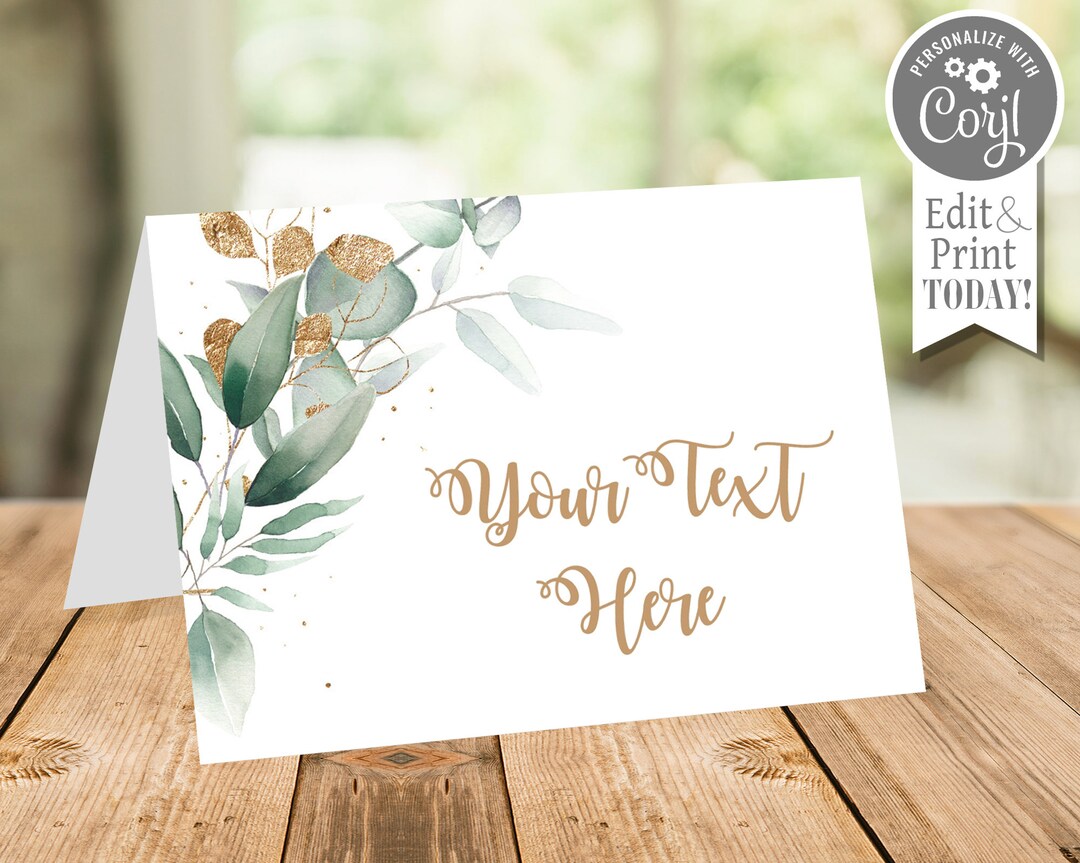 Table Tent Label, Food Label, Green and Gold, Leaves, Elegant, Editable ...
