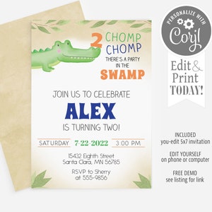 May include: Editable 5x7 invitation for a 2-year-old's birthday party. The invitation features a green alligator with the text "2 CHOMP CHOMP THERE'S A PARTY IN THE SWAMP" and the name "ALEX IS TURNING TWO!" The invitation also includes the date, time, and location of the party.