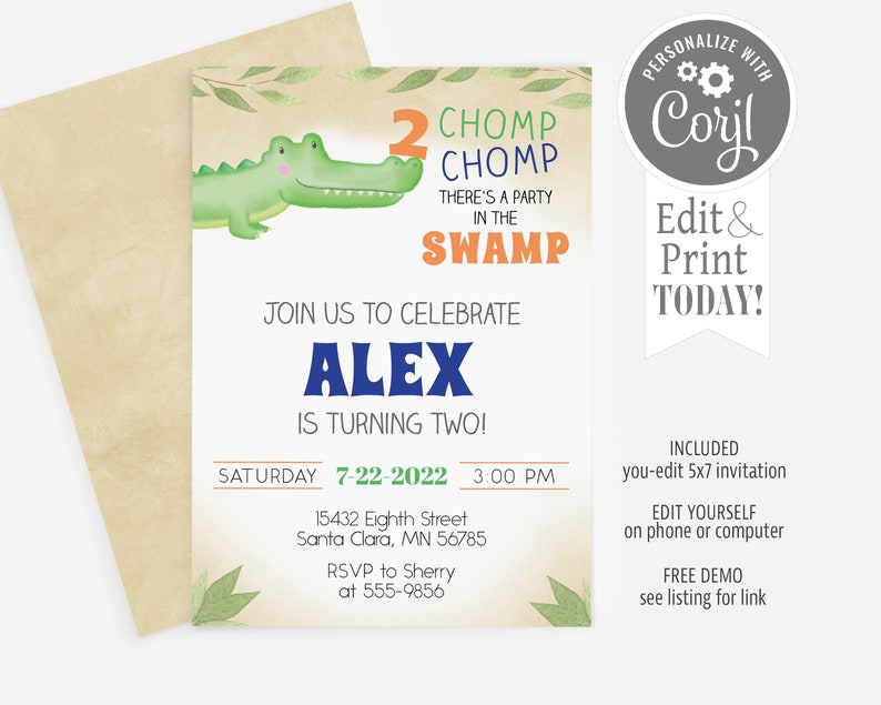 May include: Editable 5x7 invitation for a 2-year-old's birthday party. The invitation features a green alligator with the text "2 CHOMP CHOMP THERE'S A PARTY IN THE SWAMP" and the name "ALEX IS TURNING TWO!" The invitation also includes the date, time, and location of the party.