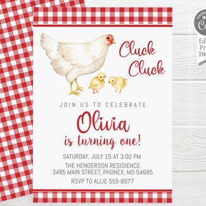 May include: A white chicken with two chicks, a red and white checkered background, and the text "Cluck Cluck Join us to celebrate Olivia is turning one! Saturday, July 15 at 3:00 PM The Henderson Residence 3485 Main Street, Phonex, MD 54685 RSVP to Allie 555-8977"