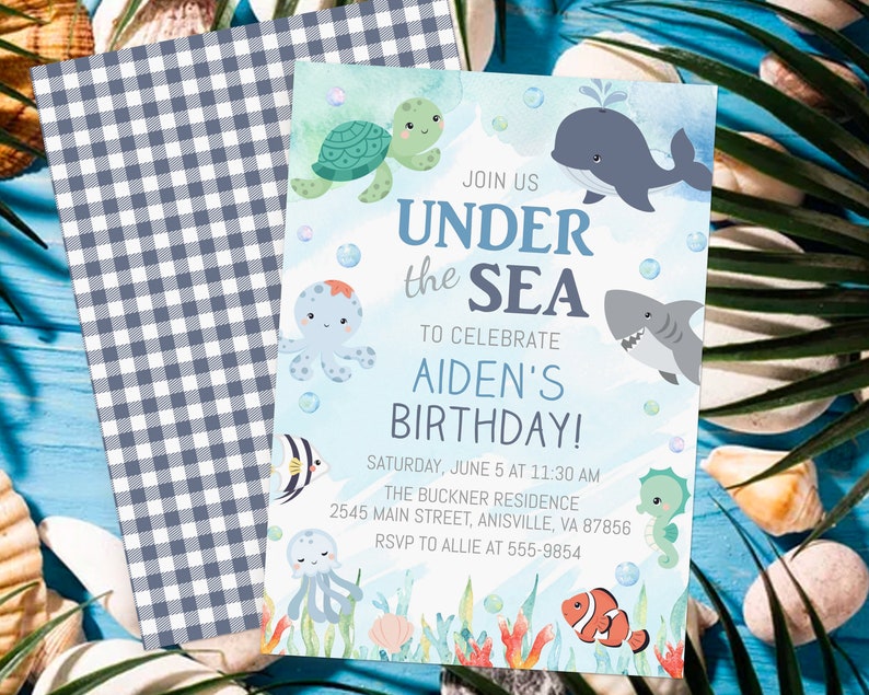 May include: A blue and white checkered background with a light blue invitation card featuring a watercolor illustration of sea creatures. The text on the card reads "Join us Under the Sea to celebrate Aiden's Birthday! Saturday, June 5 at 11:30 AM The Buckner Residence 2545 Main Street, Anisville, VA 87856 RSVP to Allie at 555-9854".
