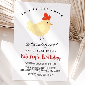 Chicken Birthday Invitation, girl, editable, farm party invite turning two or any age, edit with Corjl, instant download