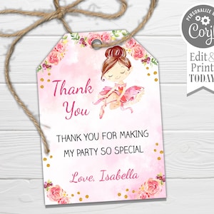 Ballet Favor Tags, Editable, Ballerina Birthday Hang Tag, Thank you tag, edit with CORJL, instant download
