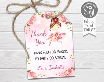 Ballerina Birthday Favor Tags: Editable Thank You Hang Tag (Editable Instant Download)