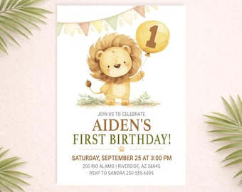May include: A watercolor invitation for Aiden's first birthday. It features a cartoon lion holding a balloon with the number 1. The text reads "Join us to celebrate Aiden's First Birthday!" with date, time, and RSVP information.