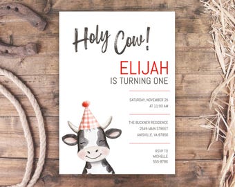 Cow First Birthday Invitation: Red Holy Cow Invite (Digital Download)